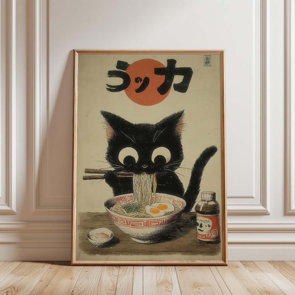 Black Cat Eating Ramen Rainy G - Japanese Lifestyle Home 评论和价格
